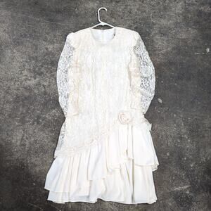 Vintage David Rose Lace Ruffle Flapper Dress Womens 10P White Ivory Made in USA